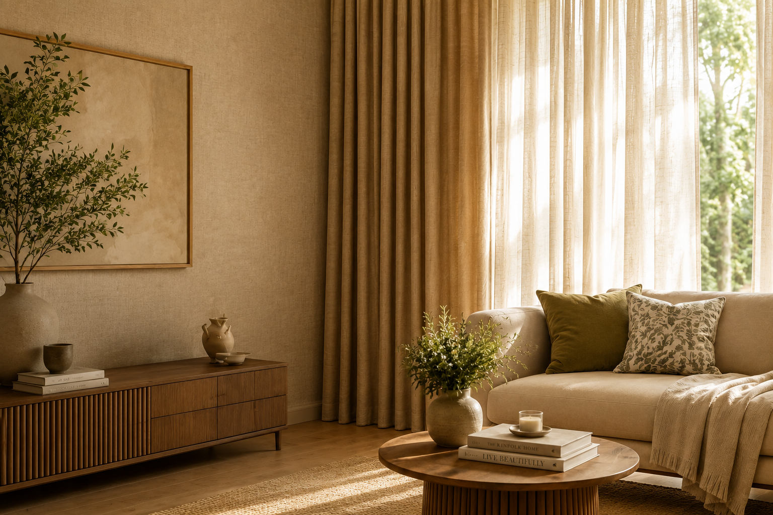 Warm contemporary living room with layered linen curtains