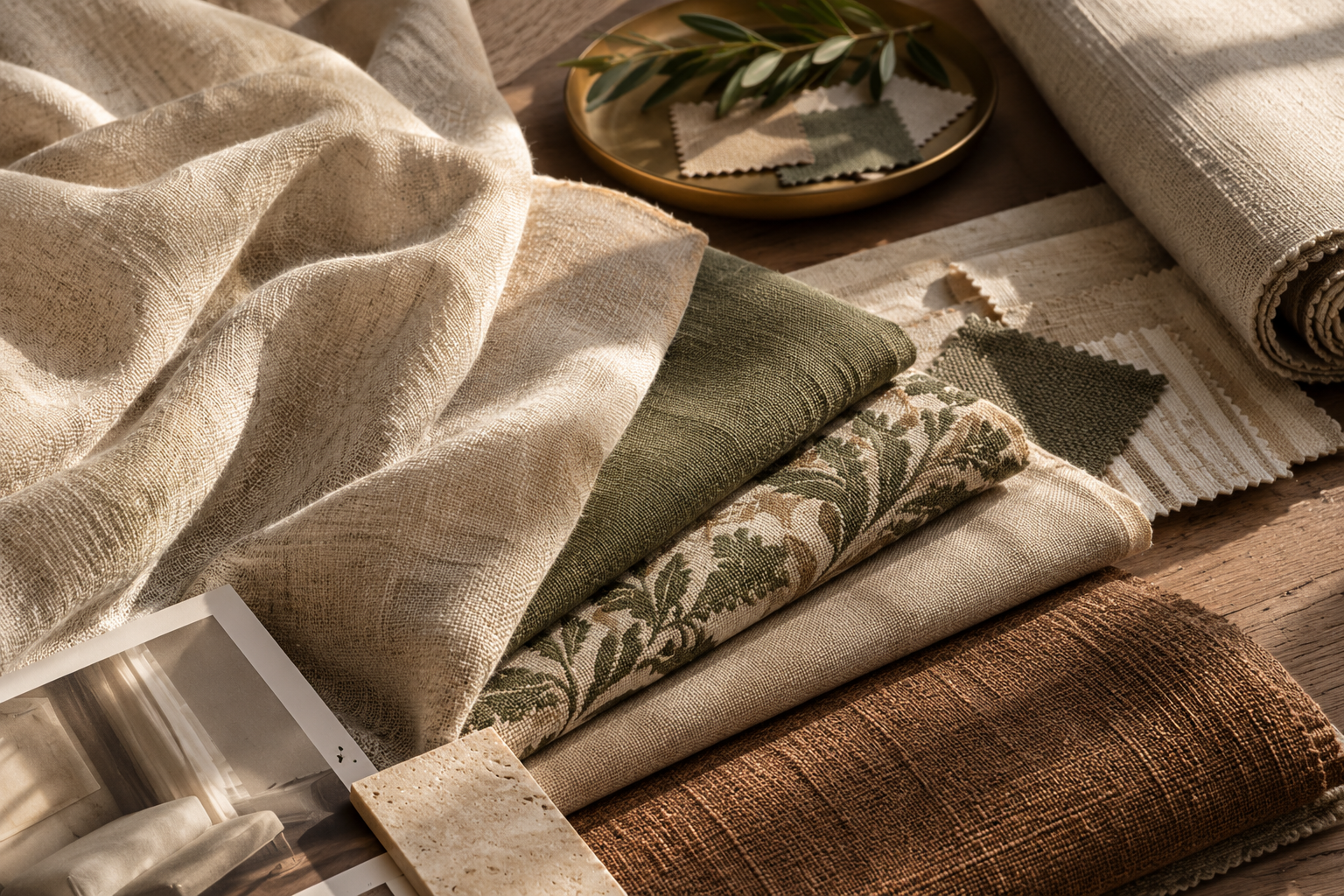 Close-up of natural furnishing fabrics and tactile textile textures