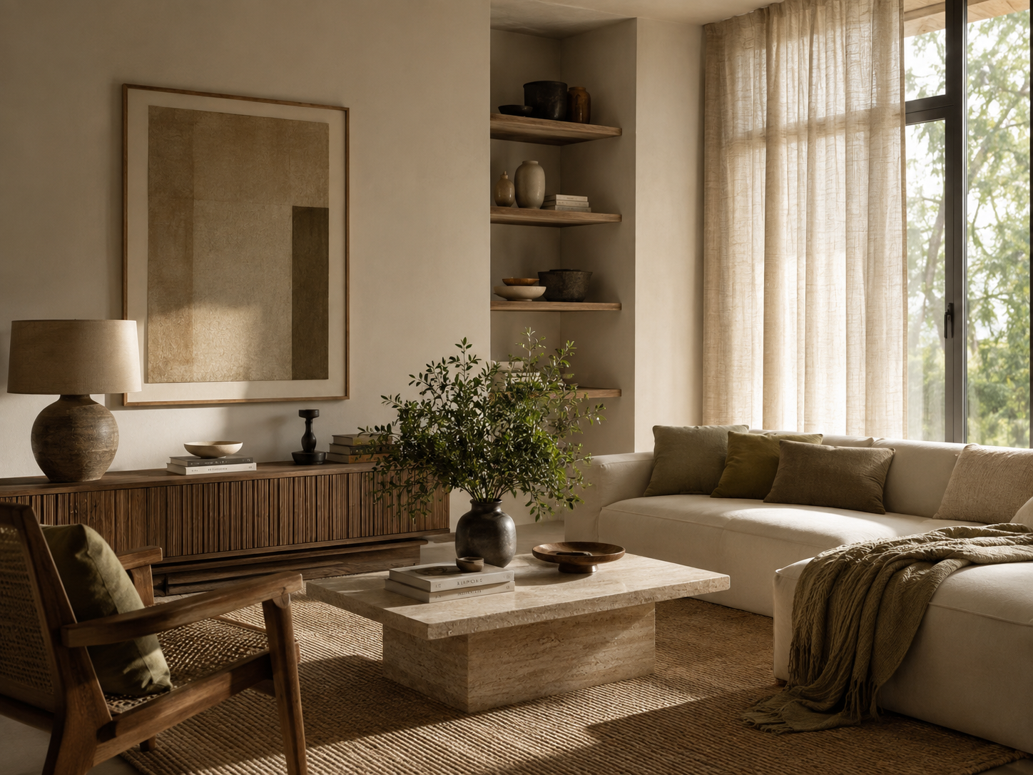Warm contemporary interior with natural fabrics and soft light